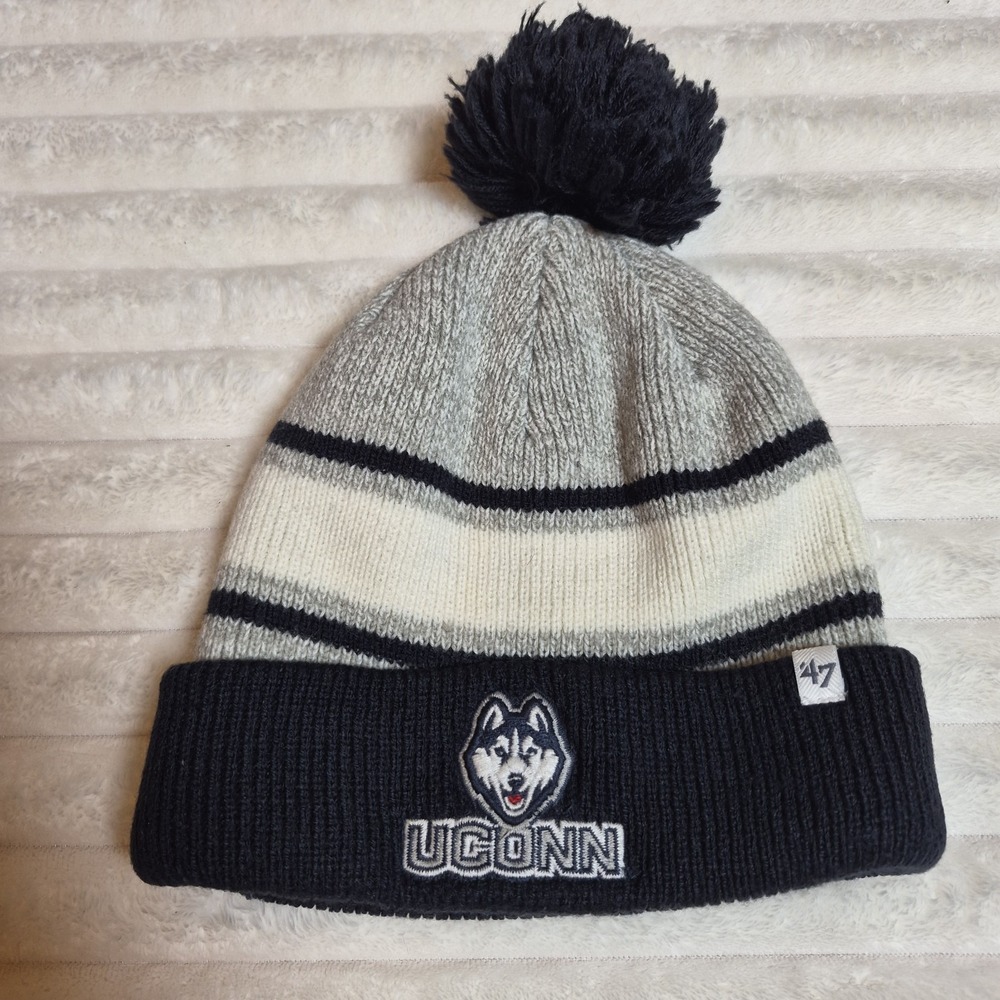 47 Brand UConn Huskies Beanie Hat Navy Blue Grey Striped Pom Cuffed Knit Cap